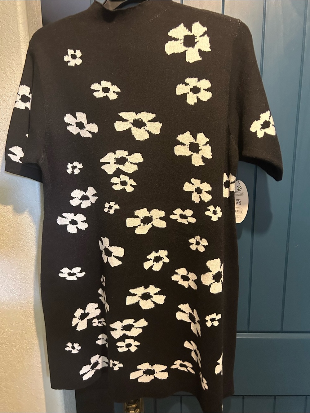 Black Knit Dress with White Floral Pattern